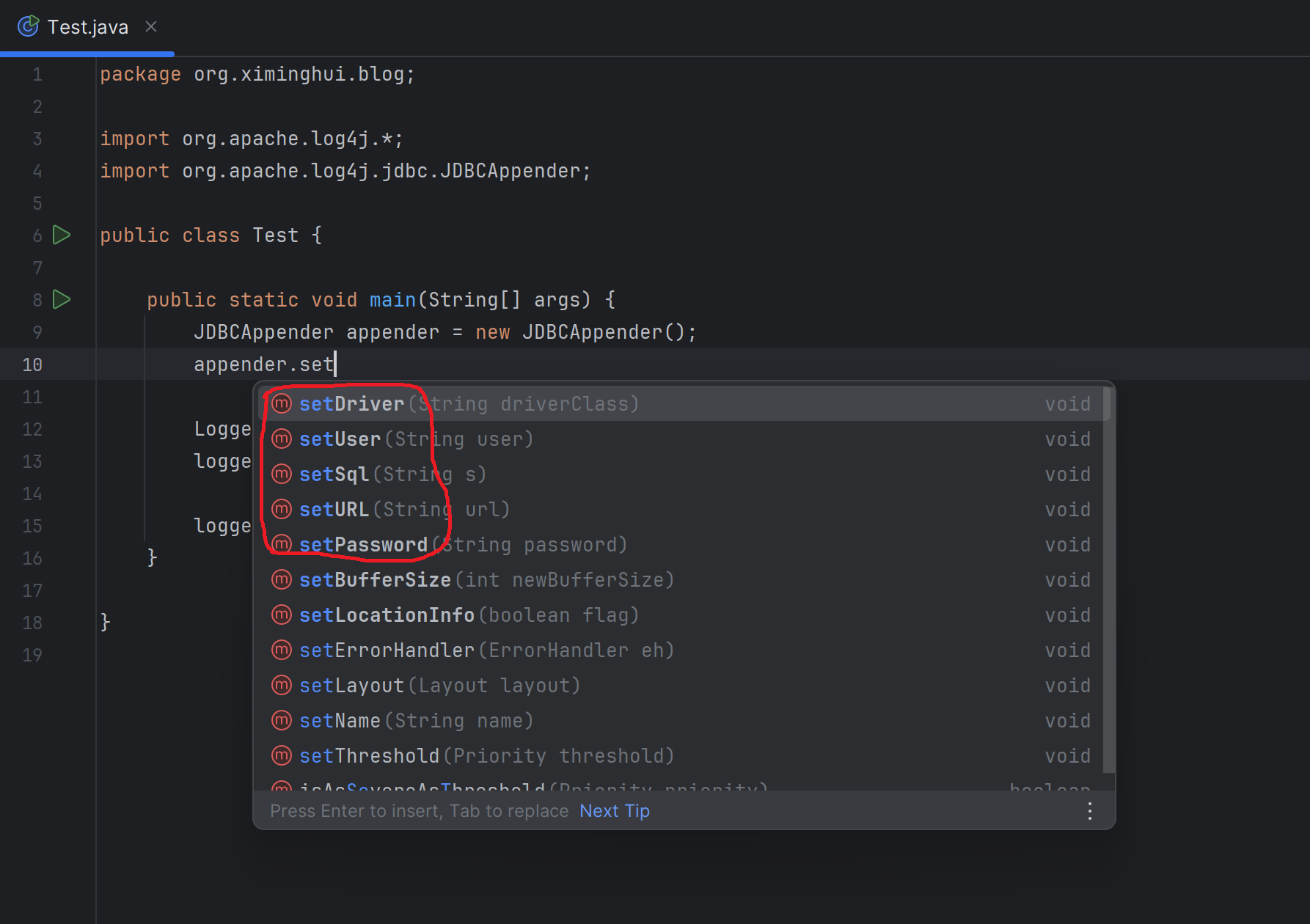 log4j-jdbcappender-methods
